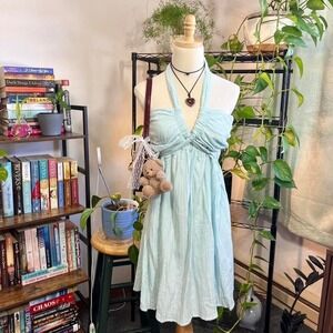 Baby Blue Babydoll Dress Halter Mini Size Medium Beach Preppy Vacation